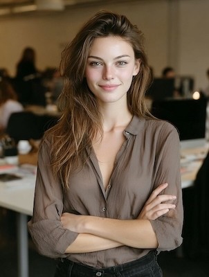 A woman with long, wavy hair and a confident smile, standing with arms crossed in an office setting.