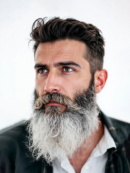 A man with a full gray beard and dark hair, looking thoughtfully to the side, against a light background.
