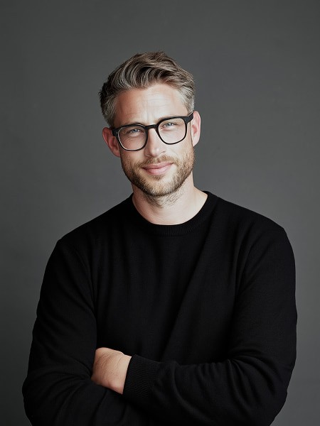 A man with glasses and a beard, smiling and wearing a black sweater, standing against a gray background.